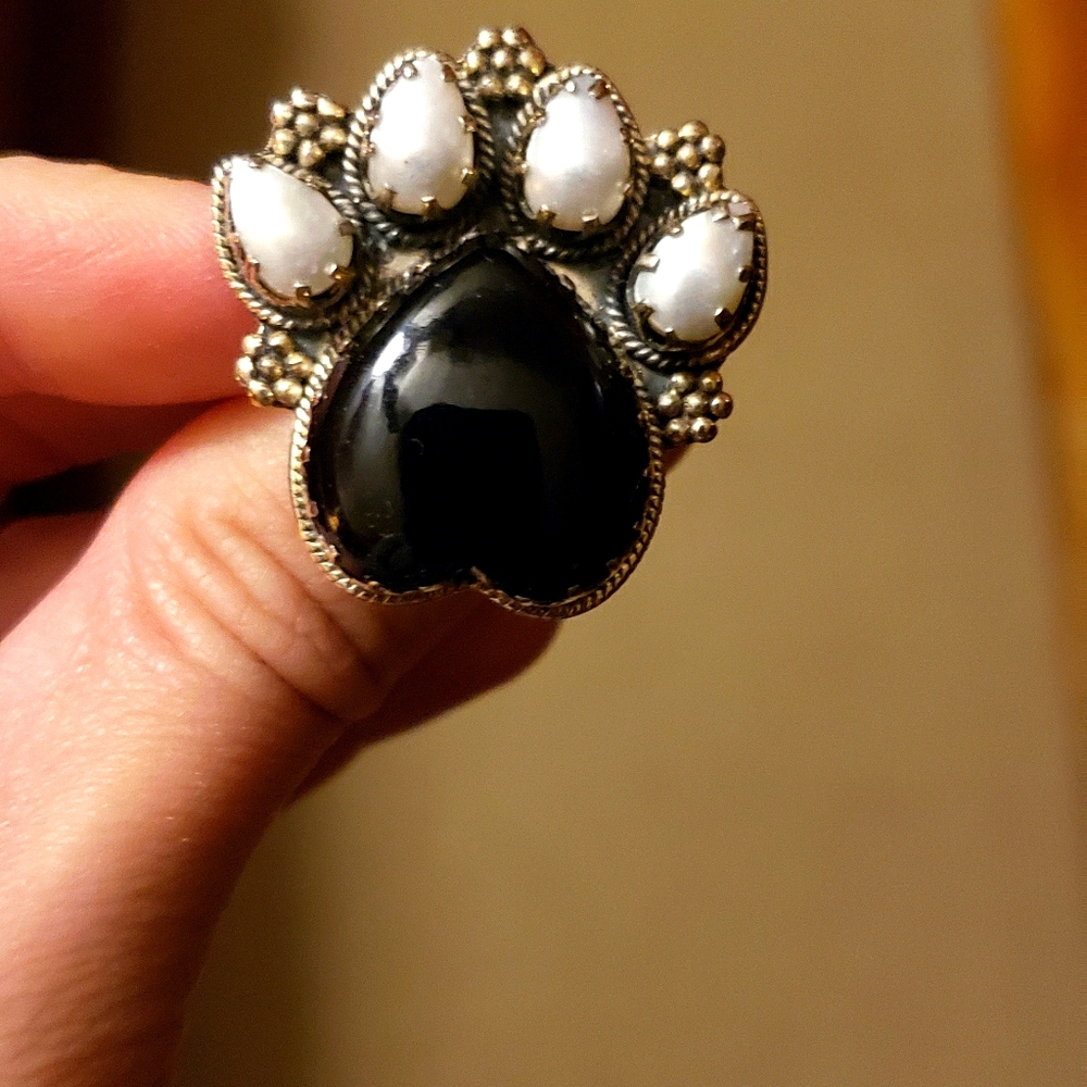 Onyx and Pearl paw print ring